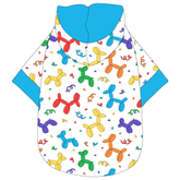 Hoodie in a dog friendly pattern that shows party images like balloons and confetti. It's complete with a hood lined in solid blue trim, which is also found on the sleeve edges and waist.